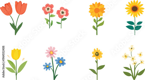 Set of colorful tulips bouquet illustration with flowers leaves and garden elements