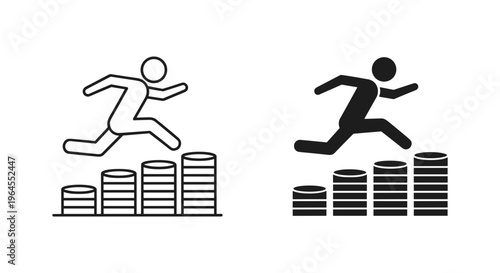 Financial growth icon set, person jumping over rising coin stacks, business success and wealth accumulation vector illustration