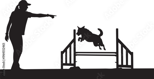 Woman guiding dog jumping over hurdle in dog agility training session on white background