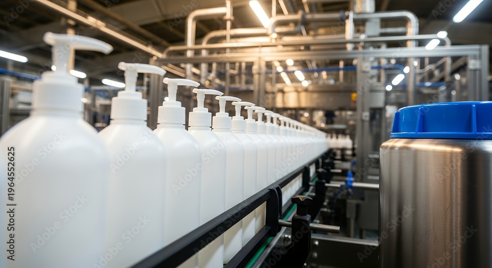 Naklejka premium Rows of white pump bottles line a production line. Industrial machinery surrounds the bottles in motion. Bright lights illuminate the manufacturing process