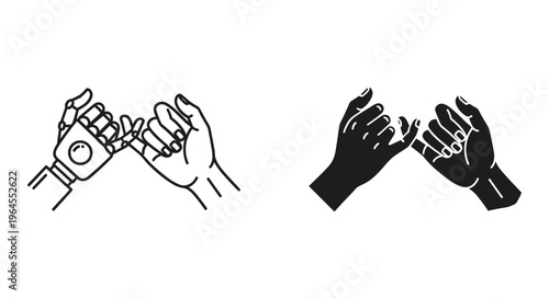 Minimalist pinky swear vector icons, human and robot hands making a pinky promise, futuristic technology and friendship concept art