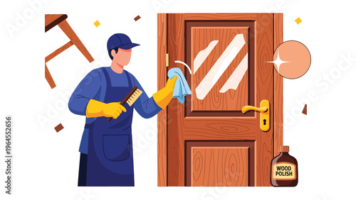 Door Cleaning: A person is meticulously cleaning a wooden door, using cleaning supplies. A dedication to home upkeep and cleanliness is clearly shown.