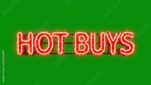 Neon 'HOT BUYS' sign on green background, advertising hot deals