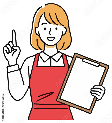 A woman with blonde hair wearing a red apron and white shirt points her finger upward while holding a blank clipboard on a white background.