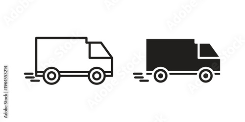 Fast shipping delivery truck icons line and solid version, outline and filled vector design set