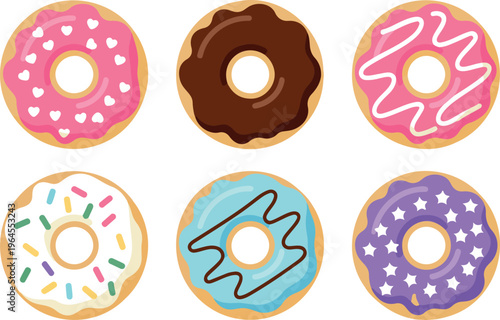 Cute colorful cartoon donuts vector set, sweet dessert illustrations, fun pastry clipart, kawaii food characters design