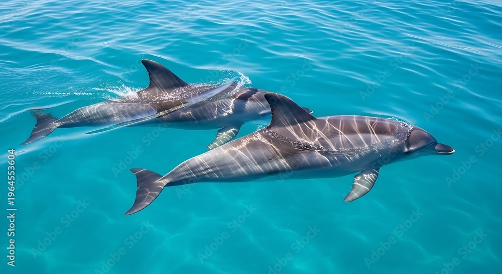 Fototapeta premium Two dolphins swimming together in clear blue ocean water under bright sunlight