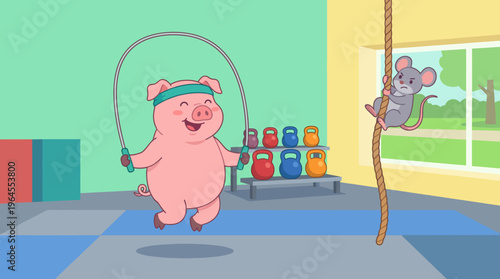A cheerful cartoon pig happily jumps rope while a mouse watches in amusement, showcasing friendship and fun in a playful fitness environment for children.