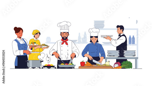 Culinary Harmony: A vibrant depiction of culinary experts collaboratively preparing and presenting delicious dishes, demonstrating the synergy and precision of a well-coordinated restaurant kitchen.