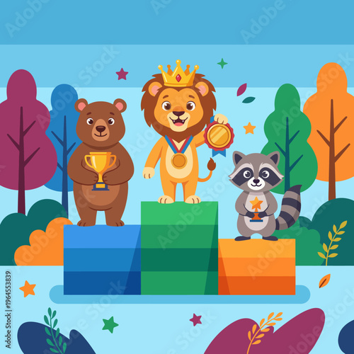 An adorable illustration of a bear, lion, and raccoon standing on a podium celebrating their achievements with trophies and medals, highlighting camaraderie and friendly competition.