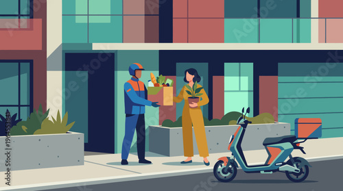 A dynamic illustration showing a delivery person handing over groceries to a woman at her doorway, highlighting the convenience and modernity of delivery services in urban life.