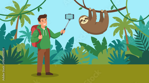 A cheerful young man is posing for a selfie with a carefree sloth in a lush jungle setting, capturing a joyful moment full of nature and exploration.