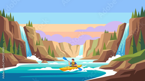 A picturesque scene of an individual kayaking through stunning, towering cliffs and waterfalls, encapsulating the thrill of outdoor adventure in Nature’s beauty.