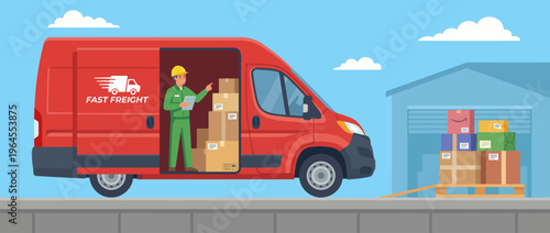 An engaging depiction of a delivery service with a red van, highlighting efficient logistics, teamwork, and the importance of timely delivery in a modern urban setting.