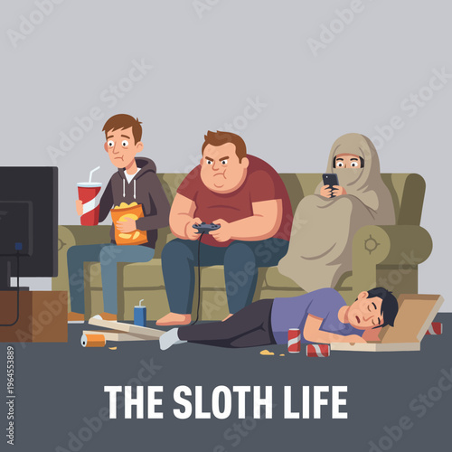 A humorous depiction of a sloth life, featuring characters lounging on a sofa with snacks and screens, highlighting themes of relaxation, laziness, and modern entertainment.