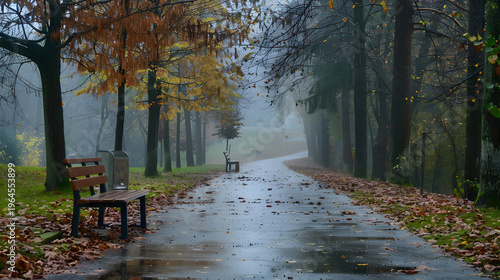 Foggy autumn park pathway with bench rainy nature landscape calm moody atmosphere