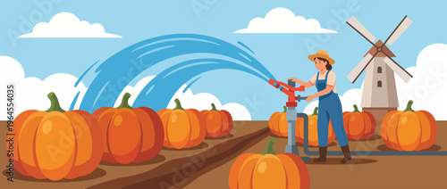 A farmer operating a watering pump among blooming pumpkins illustrate the hard work and dedication of agriculture, capturing the essence of rural life and growth.
