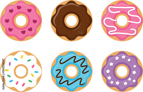 Cute colorful cartoon donuts vector set, sweet dessert illustrations, fun pastry clipart, kawaii food characters design