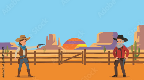 A classic Western-style showdown in the desert featuring two cowboys facing off, encapsulating the spirit of adventure, bravery, and the dramatic essence of the Wild West.