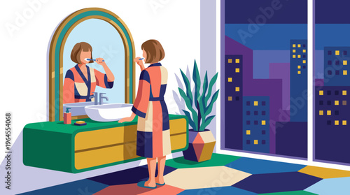 A modern bathroom design featuring a woman brushing her teeth in front of a large mirror, reflecting contemporary living with a night cityscape in the background.