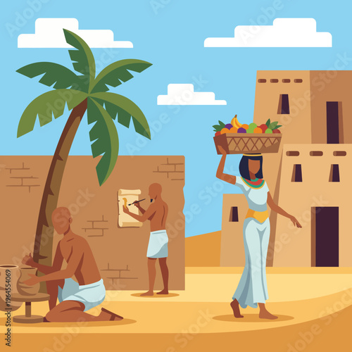 This vibrant image depicts an ancient Egyptian marketplace, showcasing a woman carrying fruit, a potter at work, and traditional architecture in a sunlit environment.