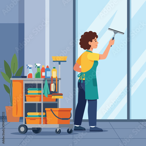 An illustration of a cleaning professional working in a modern setting, emphasizing the importance of cleanliness and hygiene in everyday environments for health and productivity.