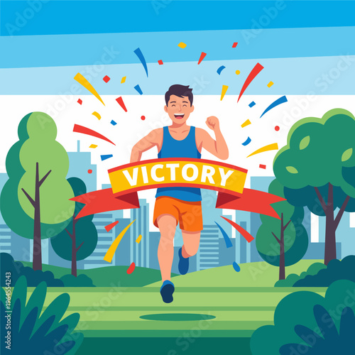 An energetic runner crosses the finish line amidst confetti and greenery, symbolizing victory and achievement, conveying determination and the joy of outdoor fitness.