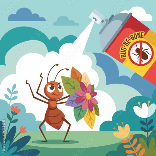 An adorable ant character wielding flowers while preparing to spray insect repellent, capturing the quirky and playful nature of garden life with a humorous twist.