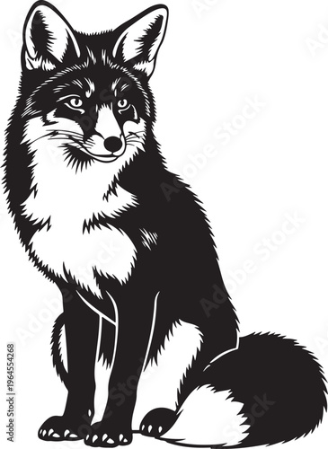 Black and white fox vector illustration, sitting fox graphic, wildlife animal design, monochrome creature icon