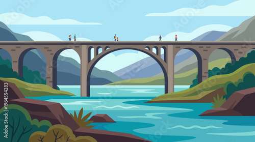 A serene landscape featuring a picturesque bridge with pedestrians, set against majestic mountains and a calm body of water showcasing nature's stunning beauty.
