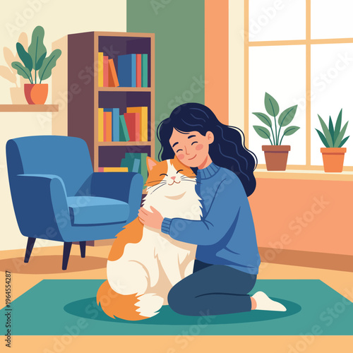 A girl lovingly embraces her fluffy cat in a cozy room filled with plants and books, portraying warmth, companionship, and the joys of pet ownership in a tranquil domestic setting.