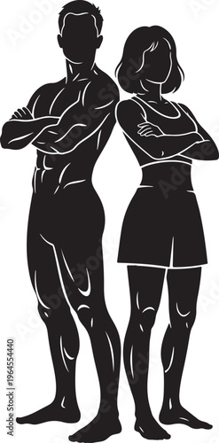 Black silhouettes, standing couple, arms crossed, vector icons, people illustrations, confident body language