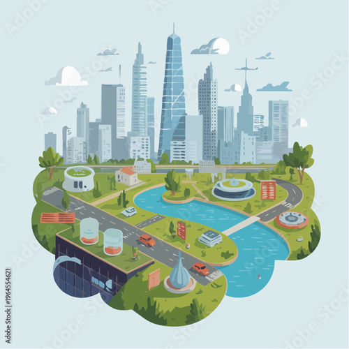 Sustainable Future City Illustration with Green Infrastructure