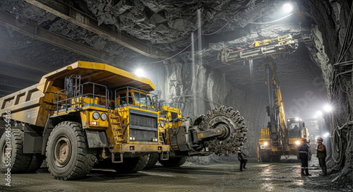 Underground Mining Operation with Heavy Machinery and Workers.