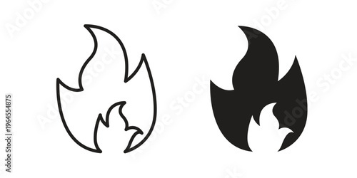 Fire icons line and solid version, outline and filled vector design set