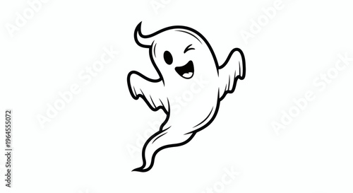 A cute and happy cartoon ghost with a mischievous wink, featuring a simple black and white design, perfect for Halloween, spooky fun, or cheerful spirit concepts