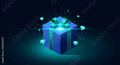 Glowing digital blue gift box illustration, surrounded by sparkling diamond particles, symbolizing a premium reward, exclusive bonus, or exciting surprise