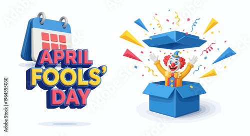 Amusing April Fools' Day Fun Iconic Calendar Showing April 1st and a Cheerful Clown Leaping from a Surprise Gift Box