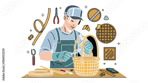 Crafting Creation: An artisan meticulously weaves a wicker basket, surrounded by a collection of tools, showcasing skill and dedication in crafting