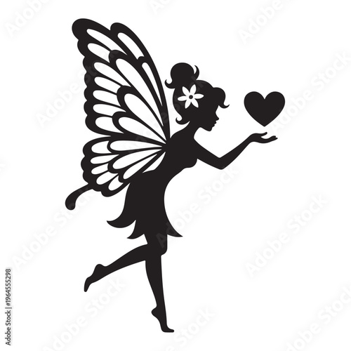 Magical Fairy Holding a Heart Shape Silhouette Vector
