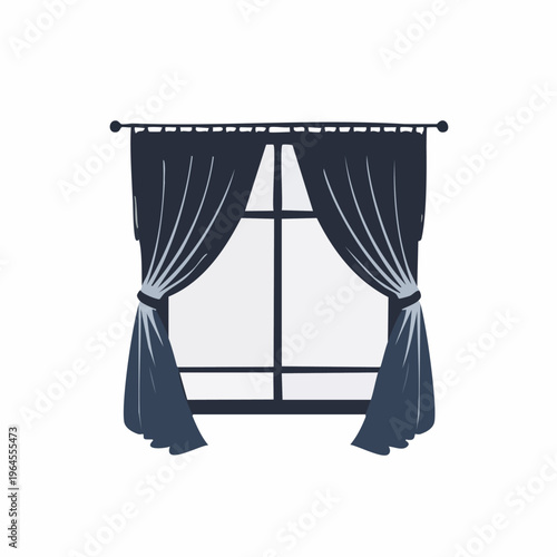 Blue Curtains Open on Window Frame.