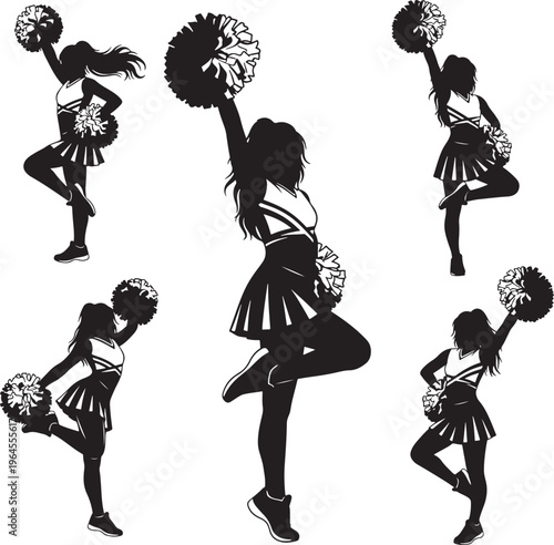 Cheerleader silhouettes, cheerleading poses, pom pom girls, dance illustrations, sports vector set