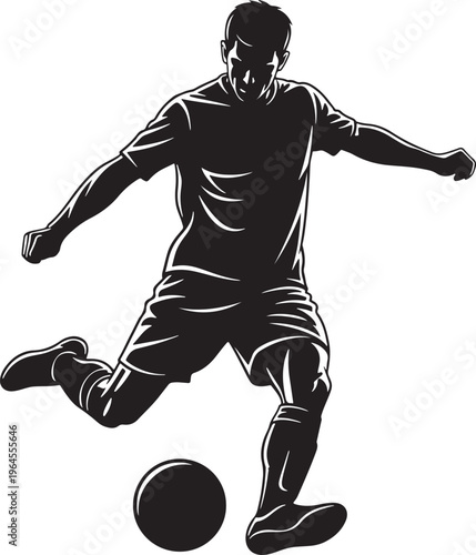 Soccer player kicking ball, black silhouette, sports icon, football illustration