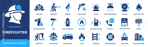 Firefighter icon set. Fireman, extinguisher and hydrant symbols. Fire hazard, emergency 911 call and fire alarm signs. Smoke, fire exit and sprinkler pictograms. Firefighting equipment concept.