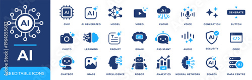AI icon set. Artificial intelligence model symbol. AI generated video, photo, image, sound and voice signs. Neural network and machine learning concept. AI assistant and chatbot. Generative tool icon.
