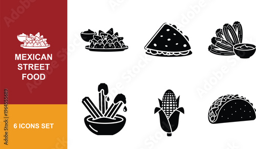 Mexican street food icons featuring nachos, quesadilla, tacos, corn, and churros for culinary themes and menus.