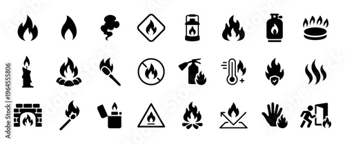 Fire black icon set. Flame, heat, gas and smoke symbols. Flammable danger and fire hazard glyph signs. Campfire, bonfire, fireplace, torch, lighter and match pictograms. Fire emergency concepts.