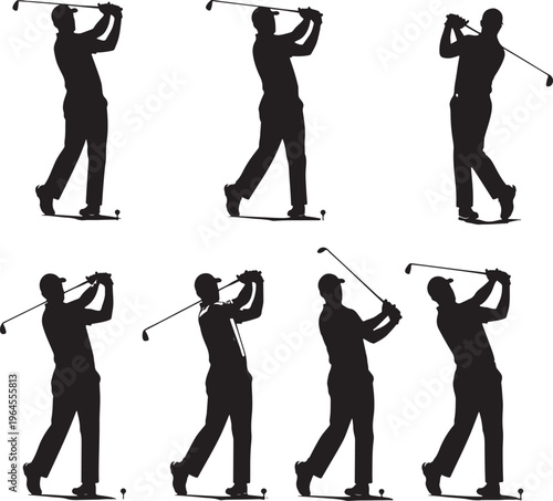 Golf silhouettes, golfing poses, black golf icons, vector golf illustrations, sports graphics