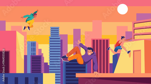 Three dynamic individuals perform parkour moves against a vibrant city skyline, showcasing the excitement and adrenaline associated with urban exploration and movement.