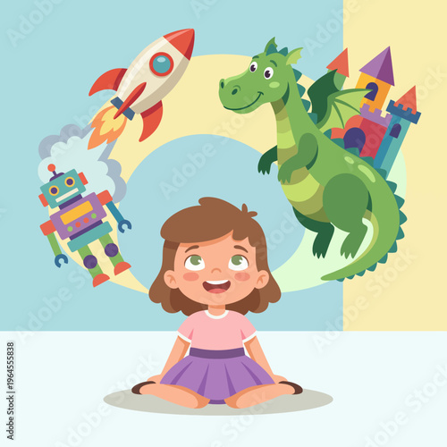 A joyful child sits amidst imaginative toys including a rocket, robot, and dragon, representing creativity and the limitless possibilities of childhood imagination.